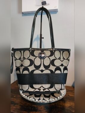 Coach Signature Stripe Canvas Tote with Logo Plaque.
